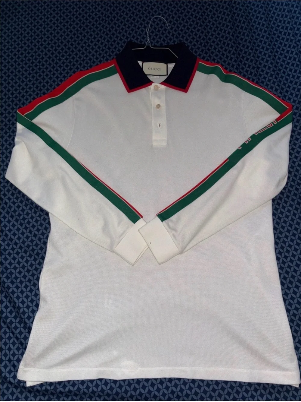 Gucci White Long-Sleeve Polo with Green & Red Shoulder Stripes